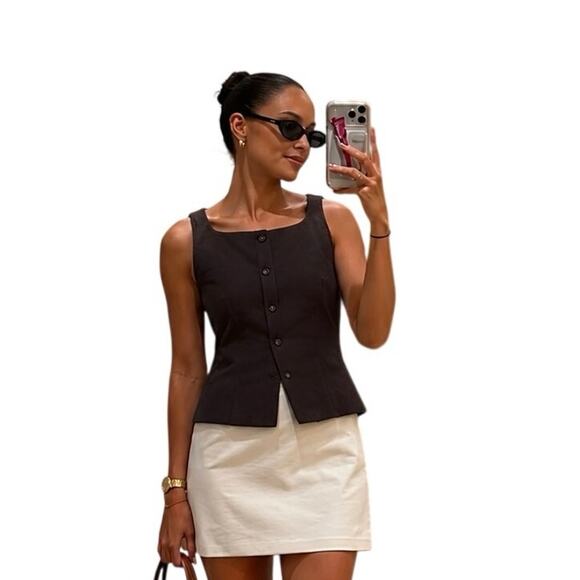 H&M Tops - H&M Womens Brown Button Front Vest Sleeveless Career Office Top Size M EU42